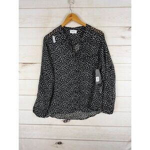 Korye Blouse Womens XL Black White Polka Dot Chiffon Button Down NWT